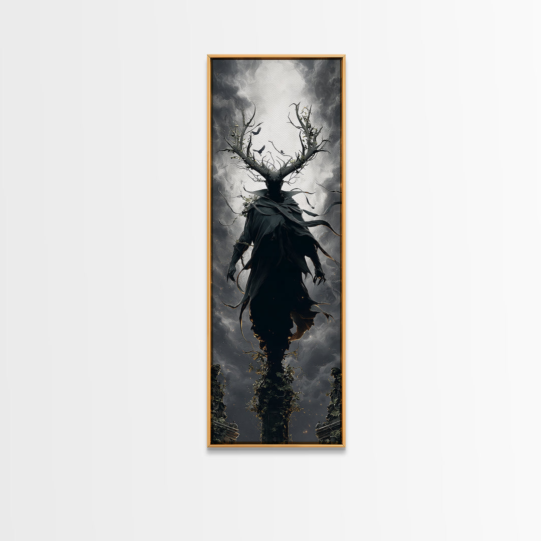 The Antlered Forest Spirit, Tall Narrow Wall Art, Macabre Wall Art, Framed Canvas Print, Halloween Wall Decor, Gothic Home Decor