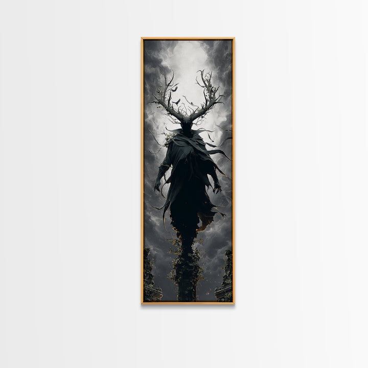 The Antlered Forest Spirit, Tall Narrow Wall Art, Macabre Wall Art, Framed Canvas Print, Halloween Wall Decor, Gothic Home Decor
