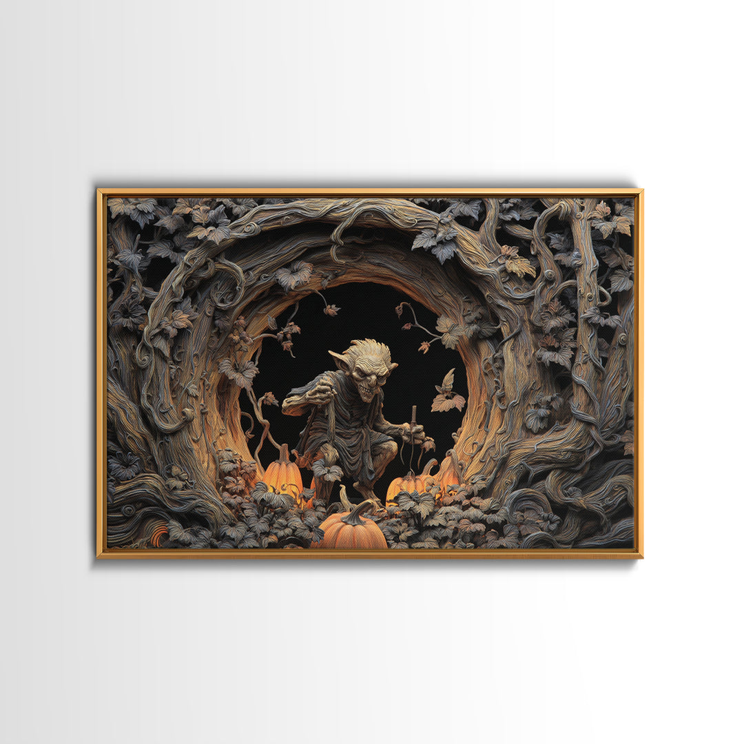 The Pumpkin Patch Goblin, Landscape Wall Art, Dark Halloween Decor, Canvas Print, Halloween Wall Decor, Gothic Home Decor