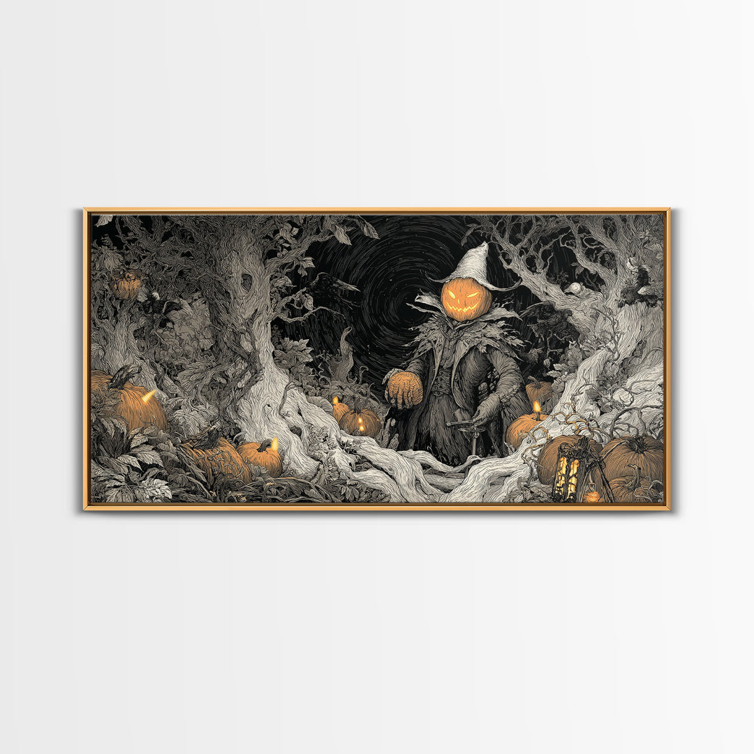 The Pumpkin Patch Goblin, Wide Panoramic Art, Spooky Home Decor, Canvas Print, Halloween Wall Decor, Gothic Home Decor, Spooky Wall Decor