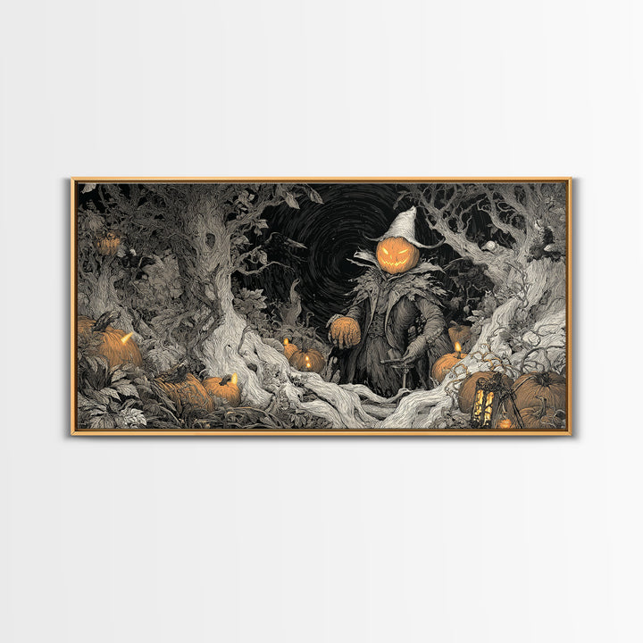 The Pumpkin Patch Goblin, Wide Panoramic Art, Spooky Home Decor, Canvas Print, Halloween Wall Decor, Gothic Home Decor, Spooky Wall Decor