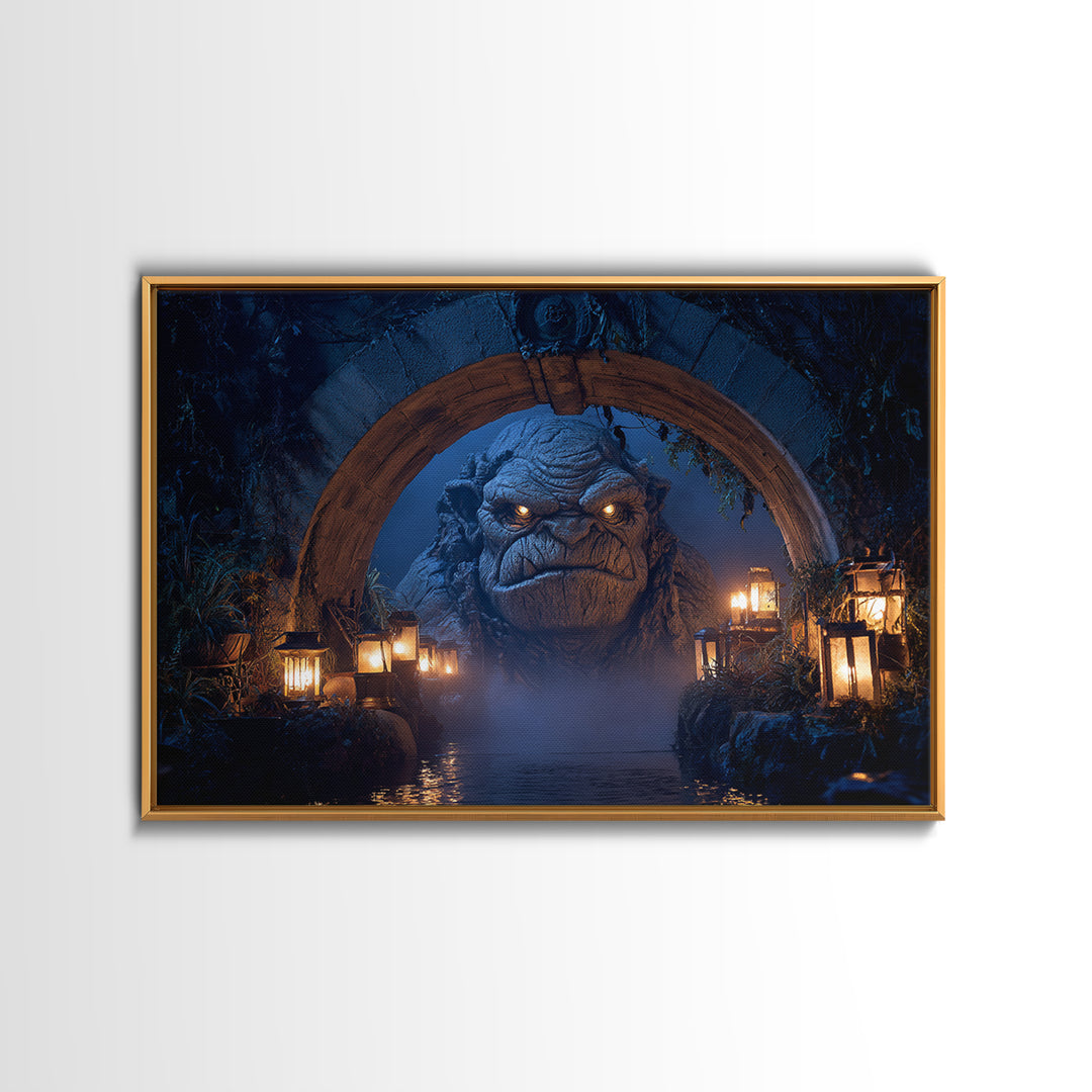The Bridge Troll At Midnight, Landscape Wall Art, Gothic Horror Wall Art, Framed Canvas Print, Halloween Wall Decor, Gothic Home Decor