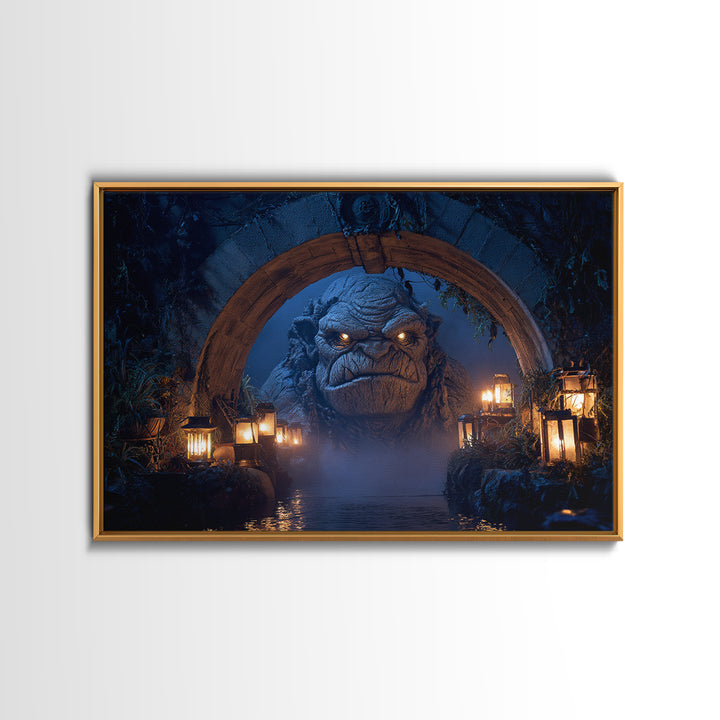 The Bridge Troll At Midnight, Landscape Wall Art, Gothic Horror Wall Art, Framed Canvas Print, Halloween Wall Decor, Gothic Home Decor