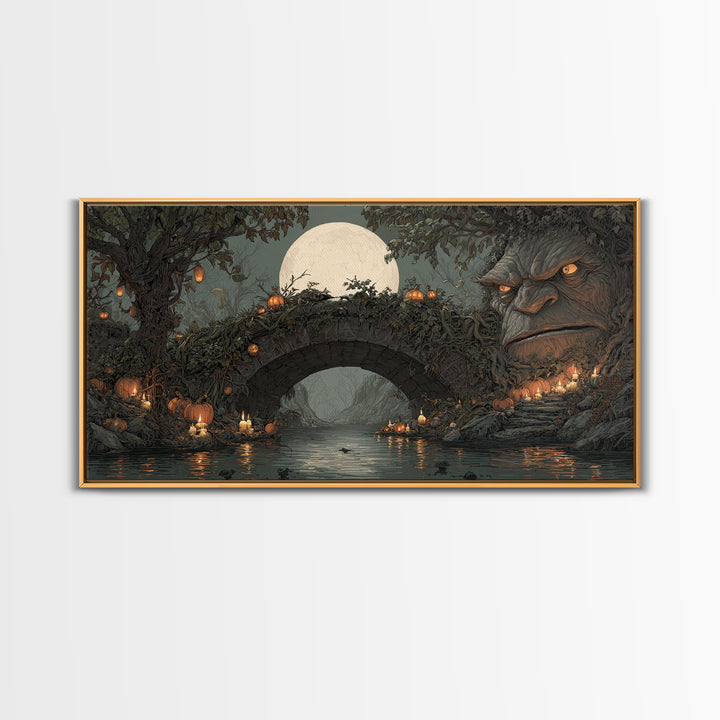 The Bridge Troll At Midnight, Wide Panoramic Art, Dark Fantasy Wall Art, Canvas Print, Halloween Wall Decor, Gothic Home Decor