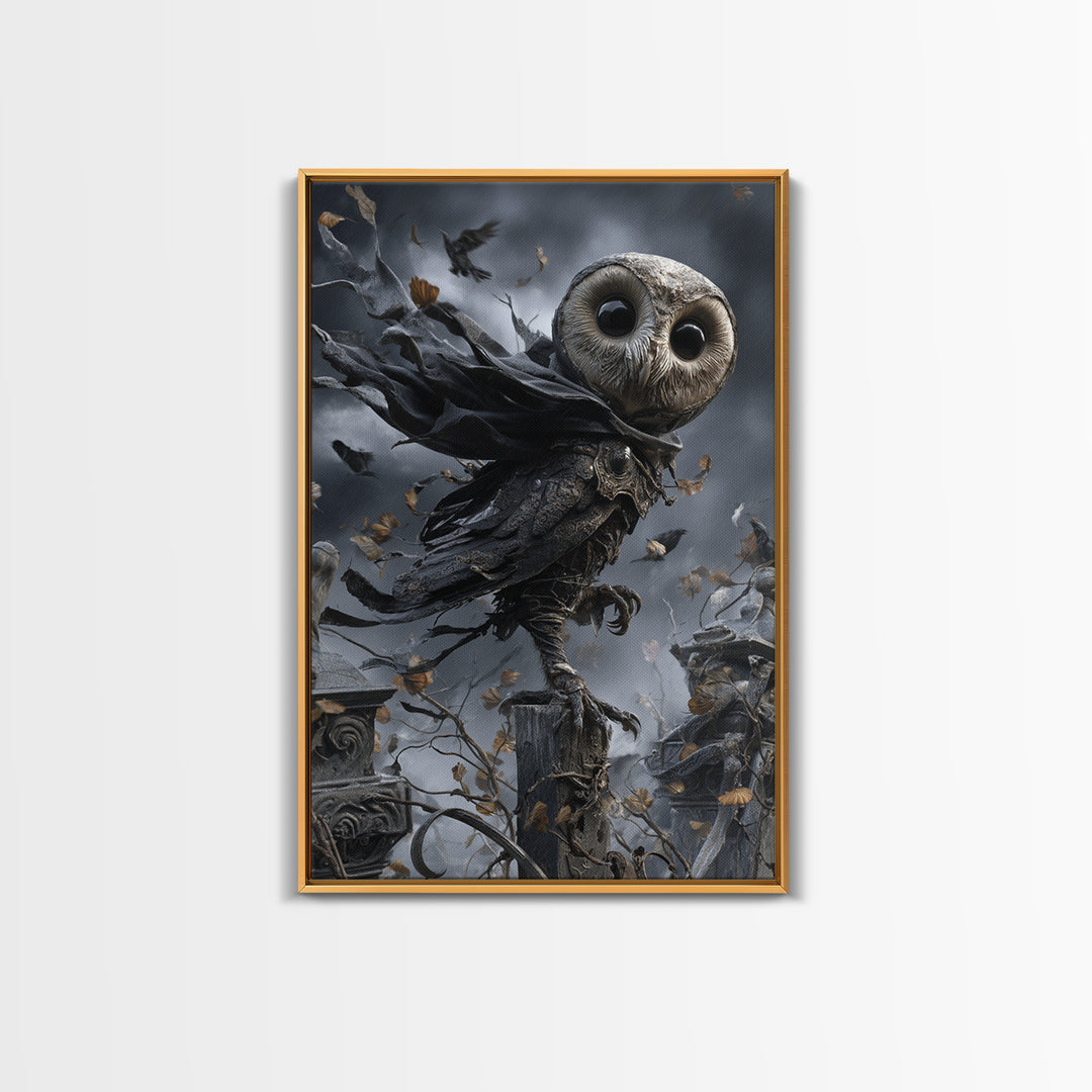 The Owl-Faced Omen, Vertical Wall Art, Spooky Home Decor, Canvas Print, Halloween Wall Decor, Gothic Home Decor, Macabre Wall Art