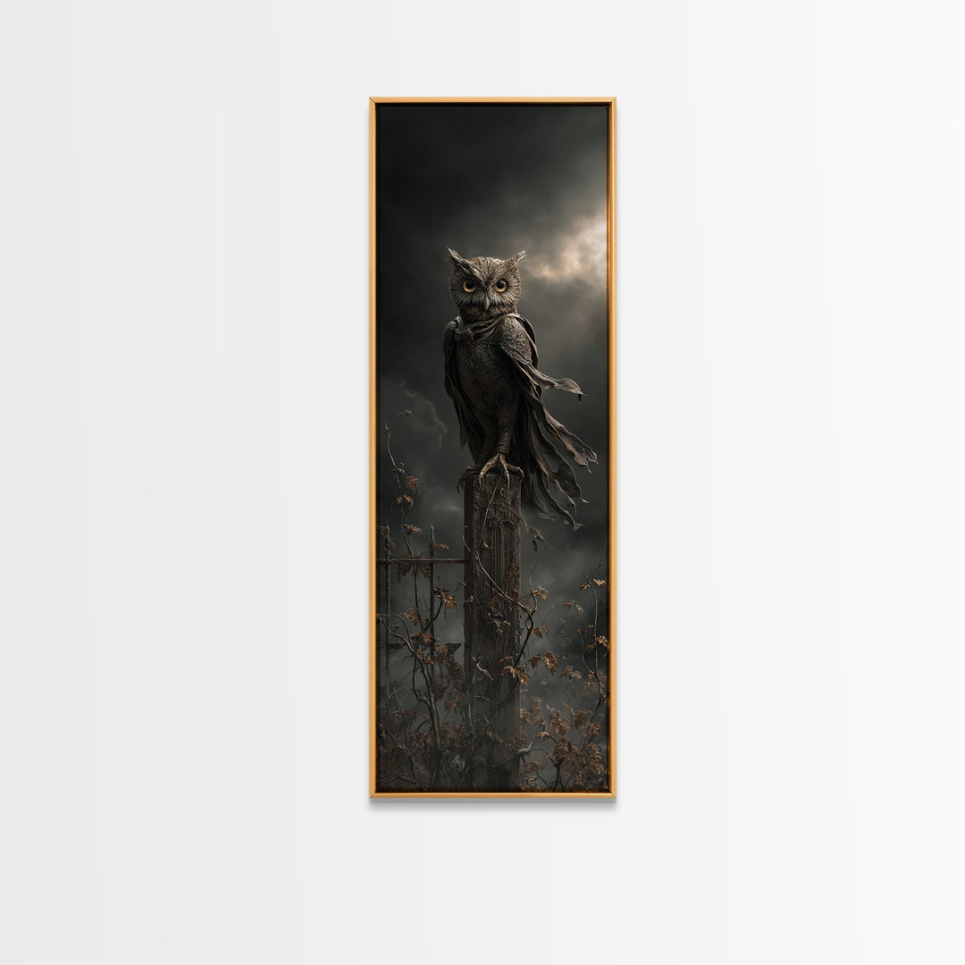 The Owl-Faced Omen, Tall Narrow Wall Art, Haunted Gothic Art, Framed Canvas Print, Halloween Wall Decor, Gothic Home Decor