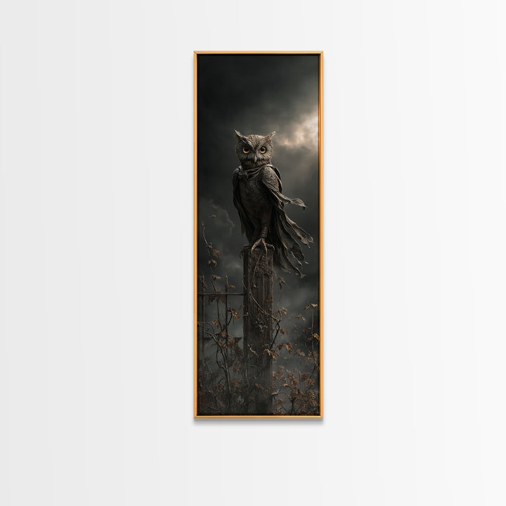 The Owl-Faced Omen, Tall Narrow Wall Art, Haunted Gothic Art, Framed Canvas Print, Halloween Wall Decor, Gothic Home Decor