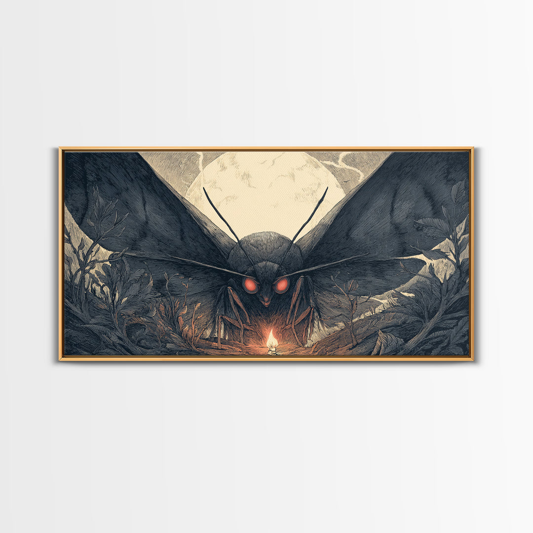 The Red-Eyed Moth Creature, Wide Panoramic Art, Spooky Home Decor, Canvas Print, Halloween Wall Decor, Gothic Home Decor, Macabre Wall Art
