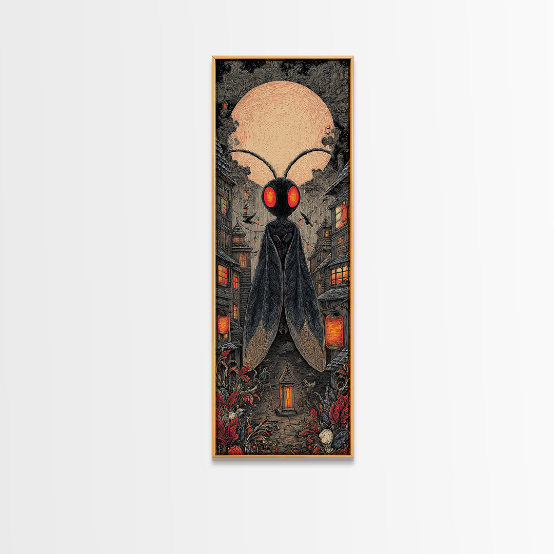 The Red-Eyed Moth Creature, Tall Narrow Wall Art, Spooky Home Decor, Canvas Print, Halloween Wall Decor, Gothic Home Decor
