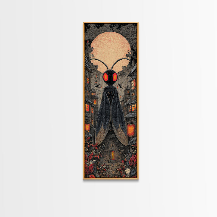 The Red-Eyed Moth Creature, Tall Narrow Wall Art, Spooky Home Decor, Canvas Print, Halloween Wall Decor, Gothic Home Decor