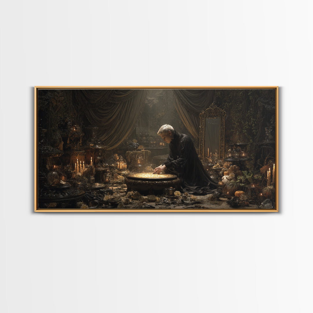 The Cave Oracle, Wide Panoramic Art, Haunted Gothic Art, Framed Canvas Print, Halloween Wall Decor, Gothic Home Decor