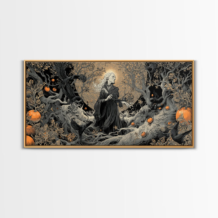 The Orchard Hag, Wide Panoramic Art, Gothic Horror Wall Art, Framed Canvas Print, Halloween Wall Decor, Gothic Home Decor