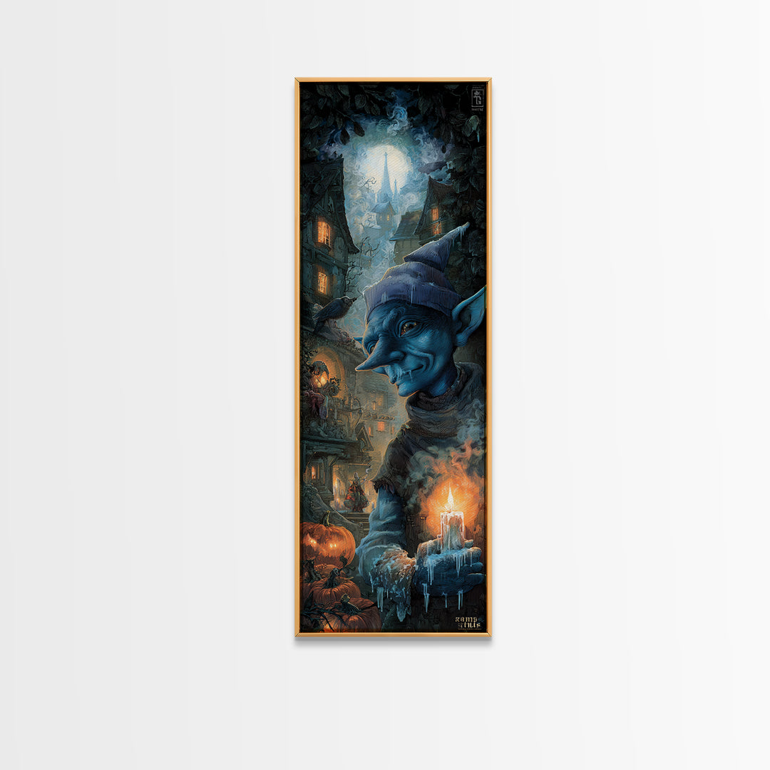The Frost Goblin, Tall Narrow Wall Art, Macabre Wall Art, Framed Canvas Print, Halloween Wall Decor, Gothic Home Decor, Seasonal Home Decor