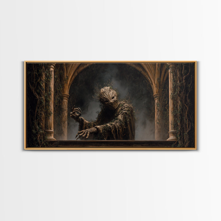 The Hollow-Tree Monster, Wide Panoramic Art, Macabre Wall Art, Framed Canvas Print, Halloween Wall Decor, Gothic Home Decor