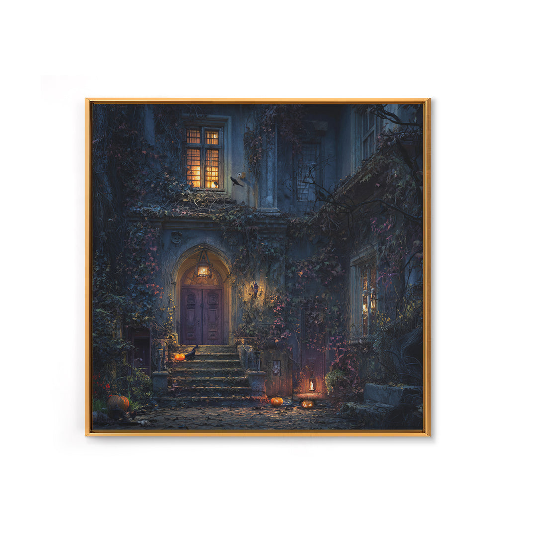 The Haunted Manor, Square Wall Art, Macabre Wall Art, Framed Canvas Print, Halloween Wall Decor, Gothic Home Decor, Collectible Wall Decor
