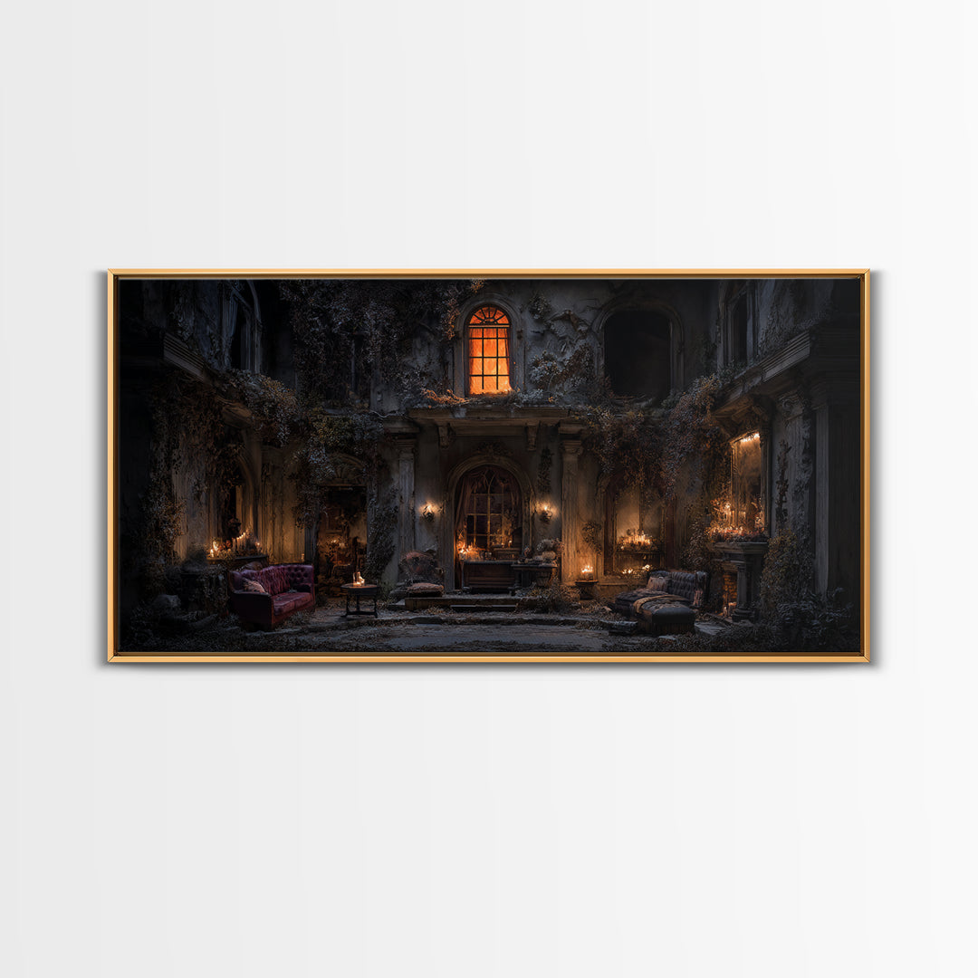 The Haunted Manor, Wide Panoramic Art, Macabre Wall Art, Framed Canvas Print, Halloween Wall Decor, Gothic Home Decor, Horror Wall Art