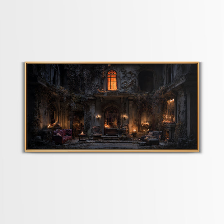 The Haunted Manor, Wide Panoramic Art, Macabre Wall Art, Framed Canvas Print, Halloween Wall Decor, Gothic Home Decor, Horror Wall Art