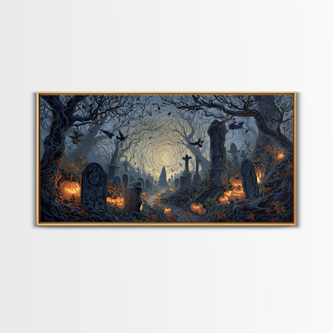 The Moonlit Cemetery, Wide Panoramic Art, Spooky Home Decor, Canvas Print, Halloween Wall Decor, Gothic Home Decor, Halloween Wall Art