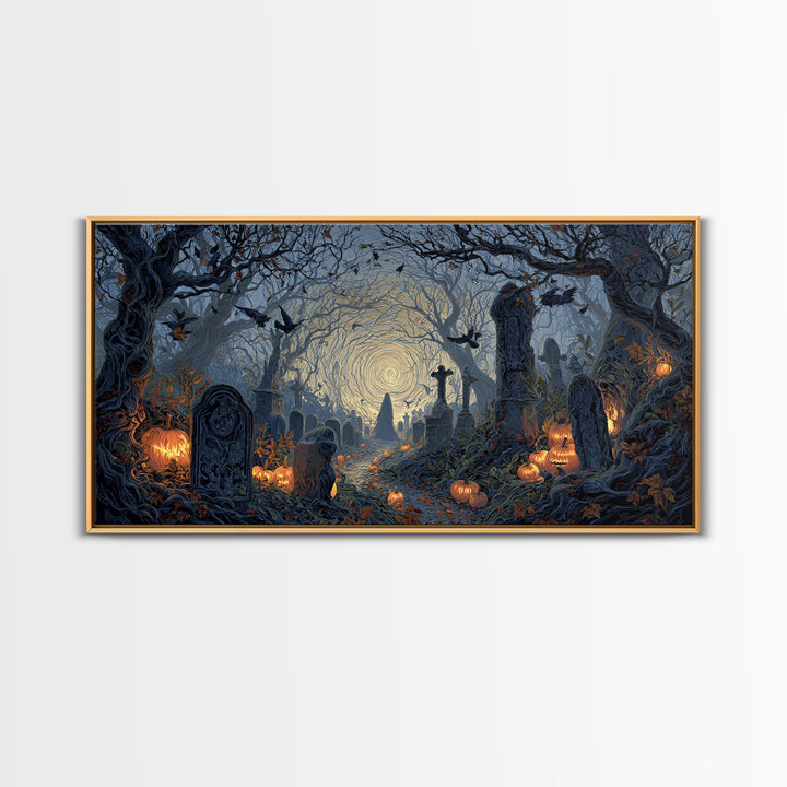 The Moonlit Cemetery, Wide Panoramic Art, Spooky Home Decor, Canvas Print, Halloween Wall Decor, Gothic Home Decor, Halloween Wall Art