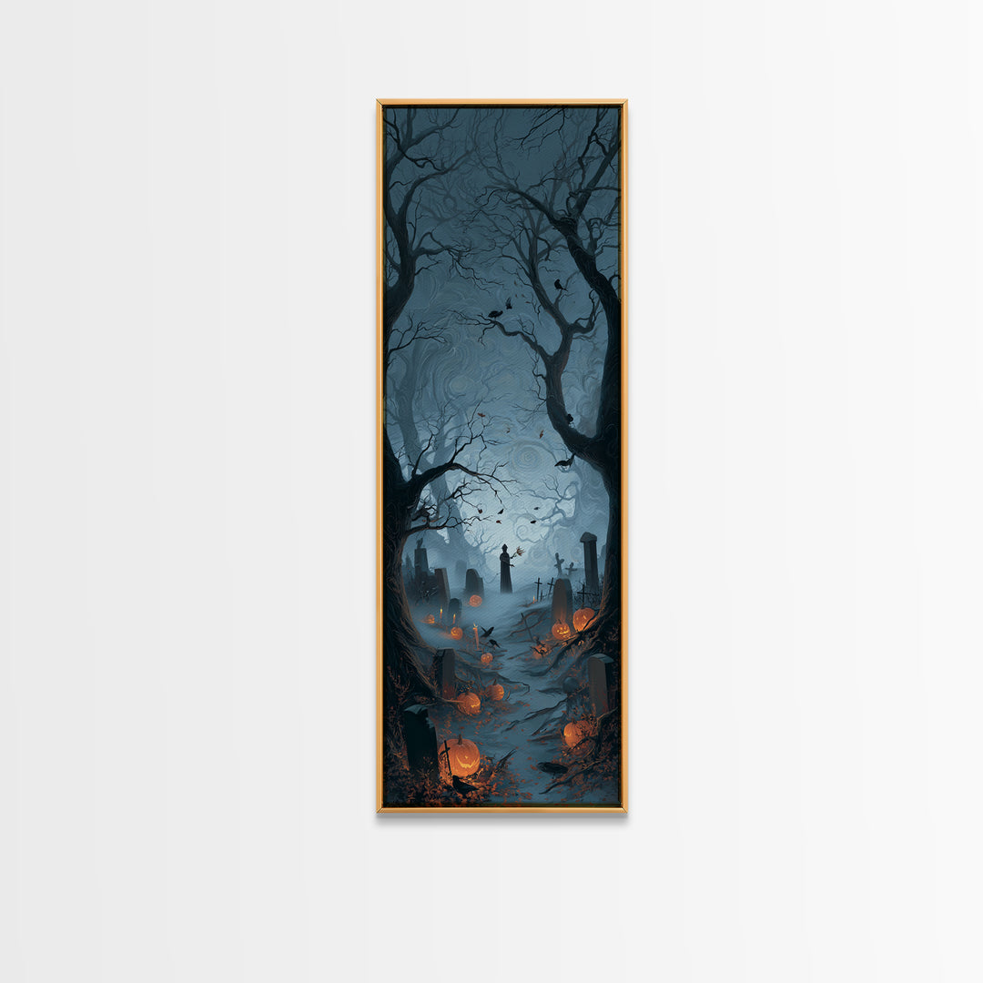 The Moonlit Cemetery, Tall Narrow Wall Art, Haunted Gothic Art, Framed Canvas Print, Halloween Wall Decor, Gothic Home Decor