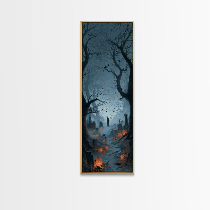 The Moonlit Cemetery, Tall Narrow Wall Art, Haunted Gothic Art, Framed Canvas Print, Halloween Wall Decor, Gothic Home Decor