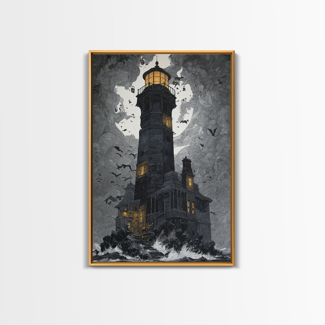 The Cursed Lighthouse, Vertical Wall Art, Macabre Wall Art, Framed Canvas Print, Halloween Wall Decor, Gothic Home Decor