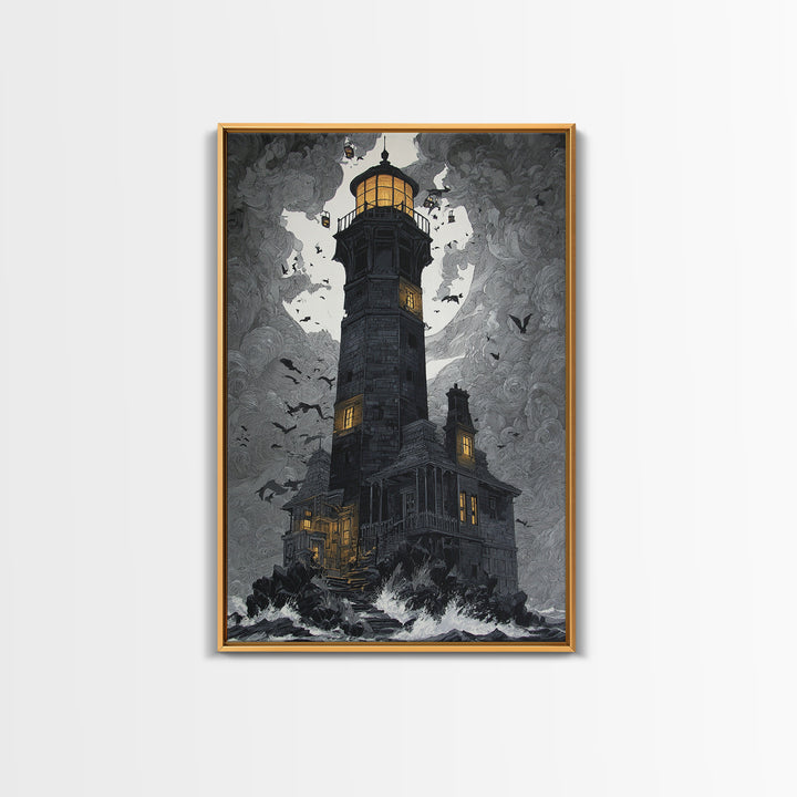 The Cursed Lighthouse, Vertical Wall Art, Macabre Wall Art, Framed Canvas Print, Halloween Wall Decor, Gothic Home Decor