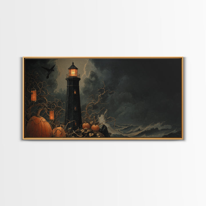 The Cursed Lighthouse, Wide Panoramic Art, Dark Halloween Decor, Canvas Print, Halloween Wall Decor, Gothic Home Decor