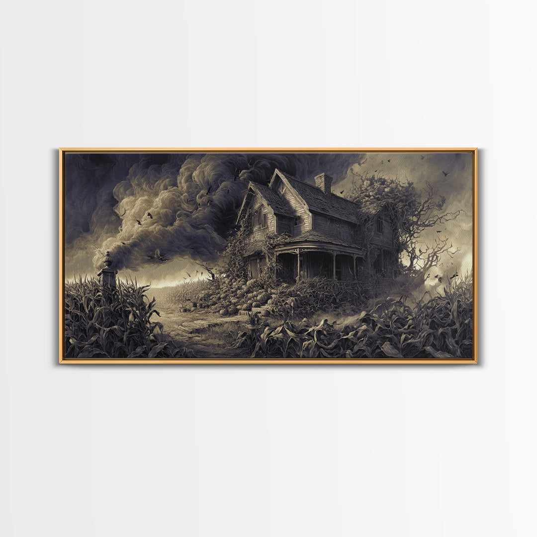 The Possessed Farmhouse, Wide Panoramic Art, Gothic Horror Wall Art, Framed Canvas Print, Halloween Wall Decor, Gothic Home Decor