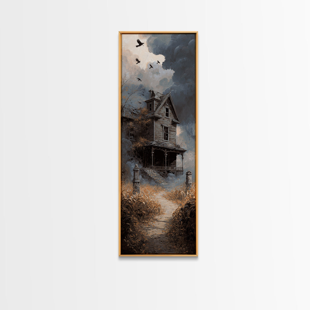 The Possessed Farmhouse, Tall Narrow Wall Art, Haunted Gothic Art, Framed Canvas Print, Halloween Wall Decor, Gothic Home Decor
