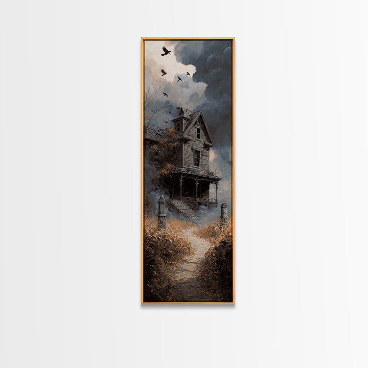 The Possessed Farmhouse, Tall Narrow Wall Art, Haunted Gothic Art, Framed Canvas Print, Halloween Wall Decor, Gothic Home Decor