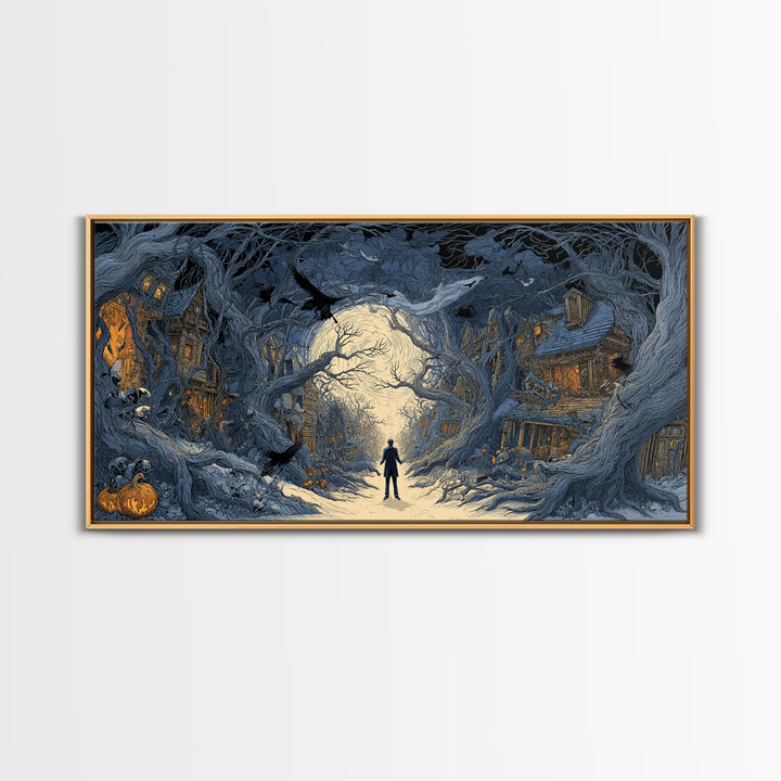 The Ghost Town Main Street, Wide Panoramic Art, Haunted Gothic Art, Framed Canvas Print, Halloween Wall Decor, Gothic Home Decor