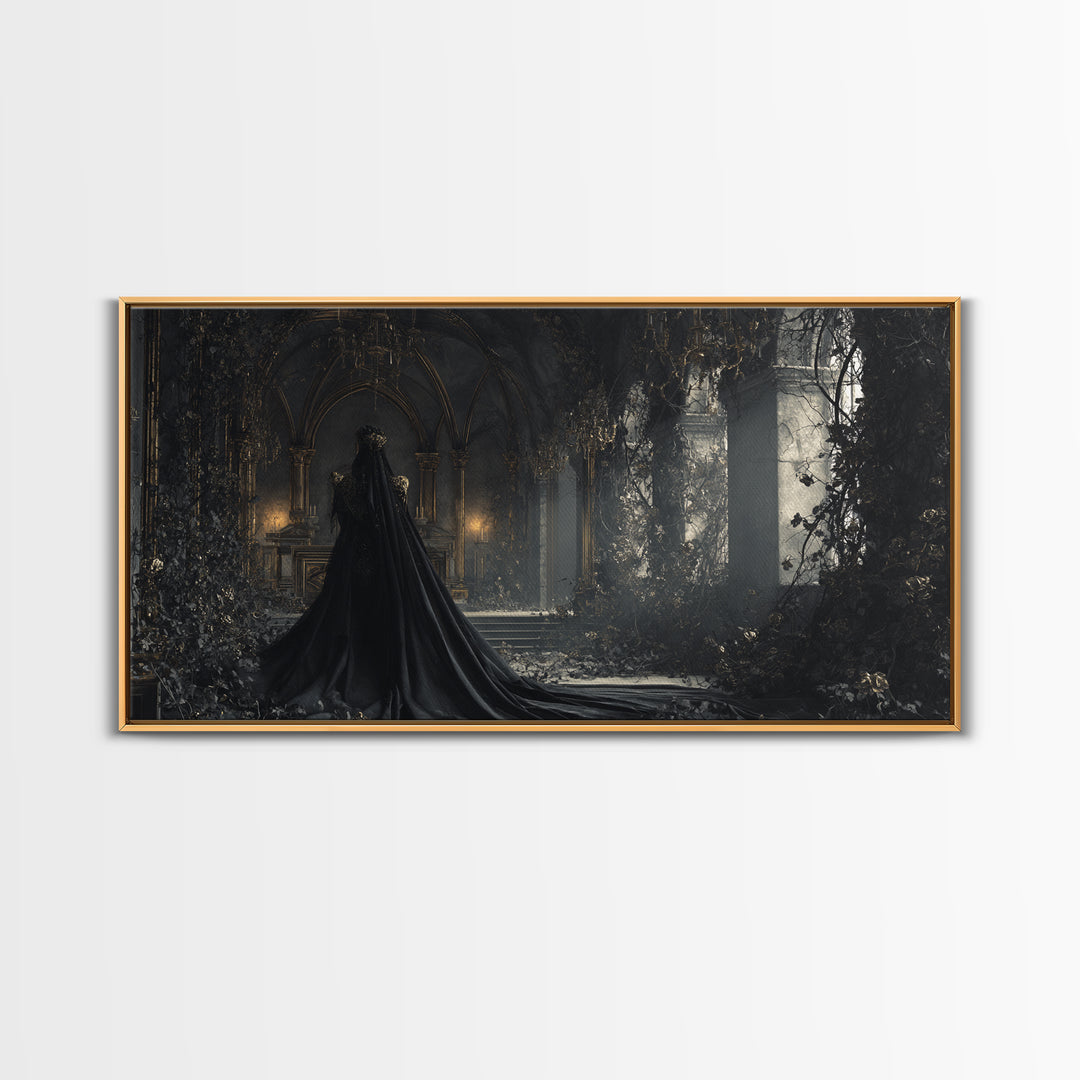The Overgrown Chapel, Wide Panoramic Art, Macabre Wall Art, Framed Canvas Print, Halloween Wall Decor, Gothic Home Decor, Dark Fantasy Art