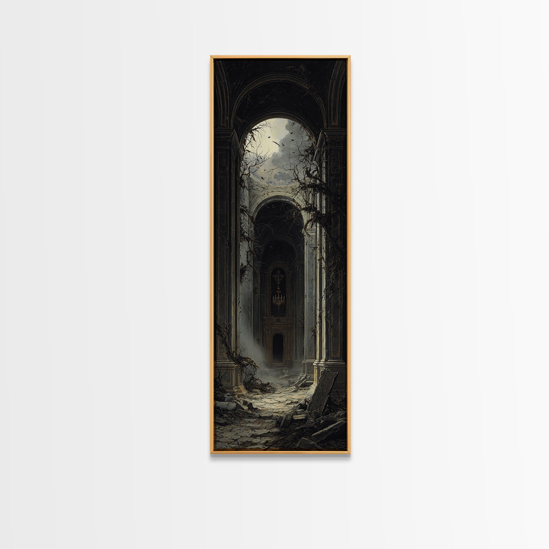 The Overgrown Chapel, Tall Narrow Wall Art, Dark Halloween Decor, Canvas Print, Halloween Wall Decor, Gothic Home Decor, Spooky Wall Decor
