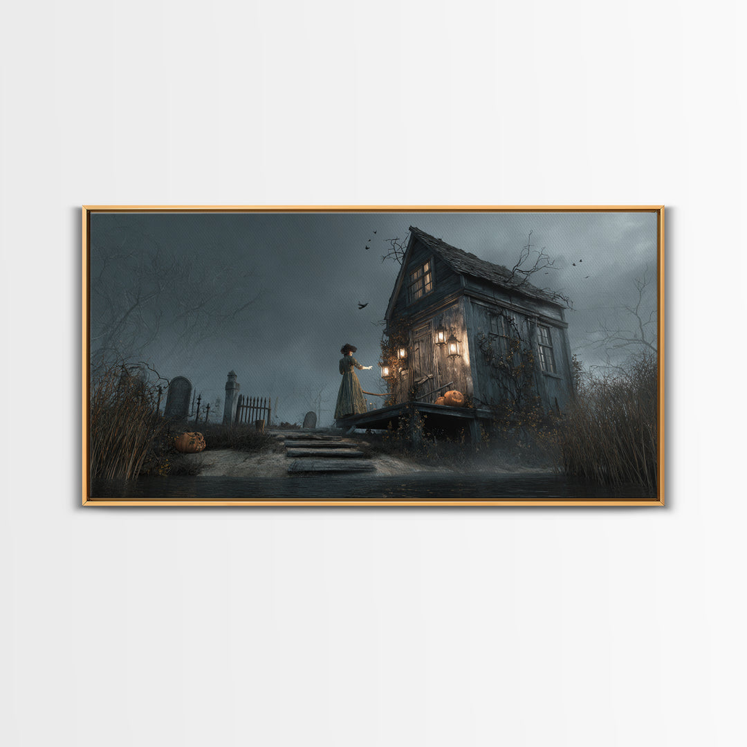 The Foggy Swamp Shack, Wide Panoramic Art, Gothic Horror Wall Art, Framed Canvas Print, Halloween Wall Decor, Gothic Home Decor