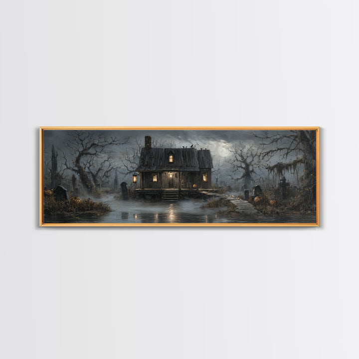 The Foggy Swamp Shack, Extra Wide Wall Art, Haunted Gothic Art, Framed Canvas Print, Halloween Wall Decor, Gothic Home Decor