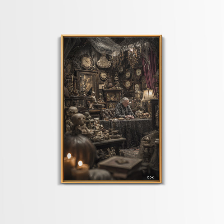 The Midnight Antique Shop, Vertical Wall Art, Macabre Wall Art, Framed Canvas Print, Halloween Wall Decor, Gothic Home Decor