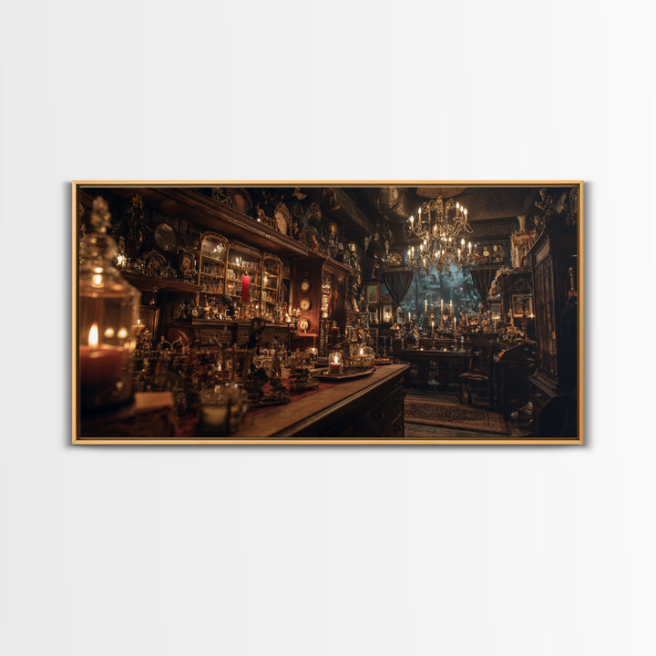 The Midnight Antique Shop, Wide Panoramic Art, Haunted Gothic Art, Framed Canvas Print, Halloween Wall Decor, Gothic Home Decor