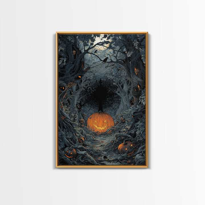 The Pumpkin Patch Maze, Vertical Wall Art, Gothic Horror Wall Art, Framed Canvas Print, Halloween Wall Decor, Gothic Home Decor