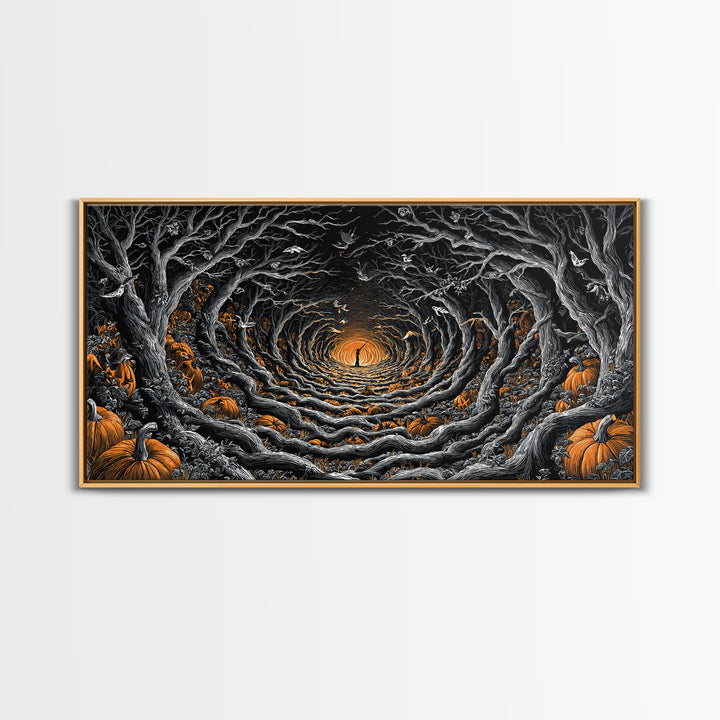 The Pumpkin Patch Maze, Wide Panoramic Art, Dark Halloween Decor, Canvas Print, Halloween Wall Decor, Gothic Home Decor, Macabre Wall Art