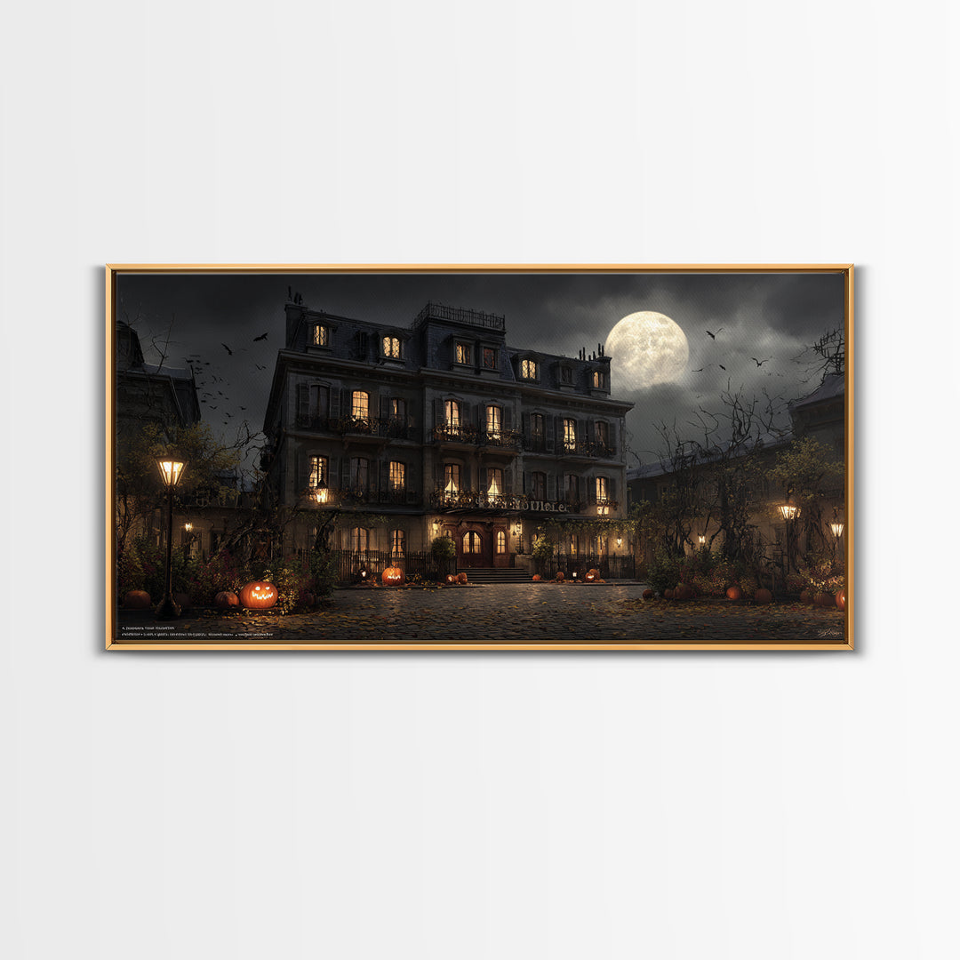 The Haunted Hotel, Wide Panoramic Art, Macabre Wall Art, Framed Canvas Print, Halloween Wall Decor, Gothic Home Decor, Horror Wall Art