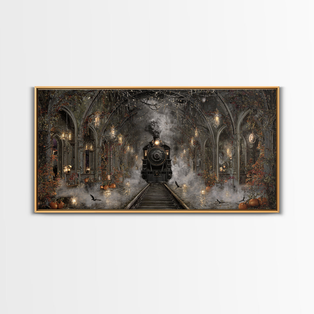 The Abandoned Train Station, Wide Panoramic Art, Macabre Wall Art, Framed Canvas Print, Halloween Wall Decor, Gothic Home Decor