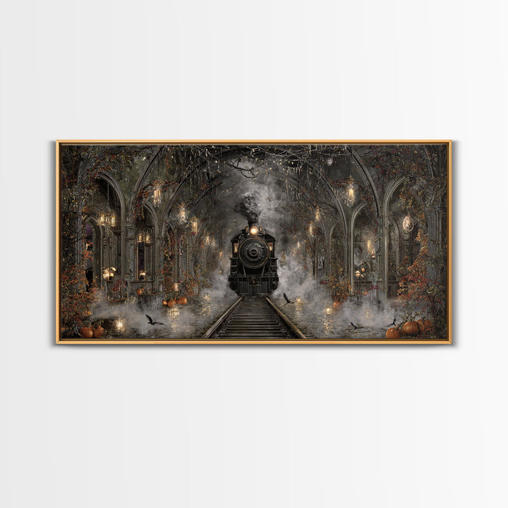 The Abandoned Train Station, Wide Panoramic Art, Macabre Wall Art, Framed Canvas Print, Halloween Wall Decor, Gothic Home Decor