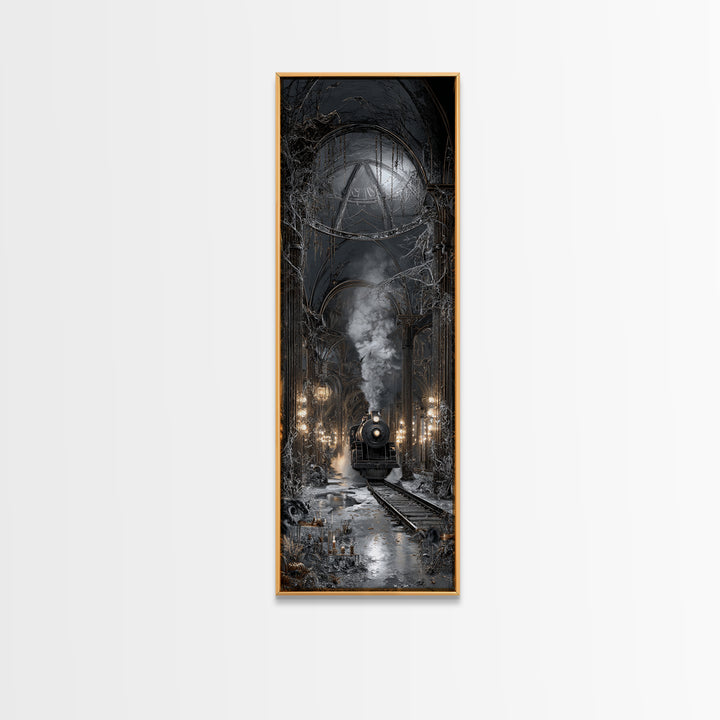 The Abandoned Train Station, Tall Narrow Wall Art, Gothic Horror Wall Art, Framed Canvas Print, Halloween Wall Decor, Gothic Home Decor