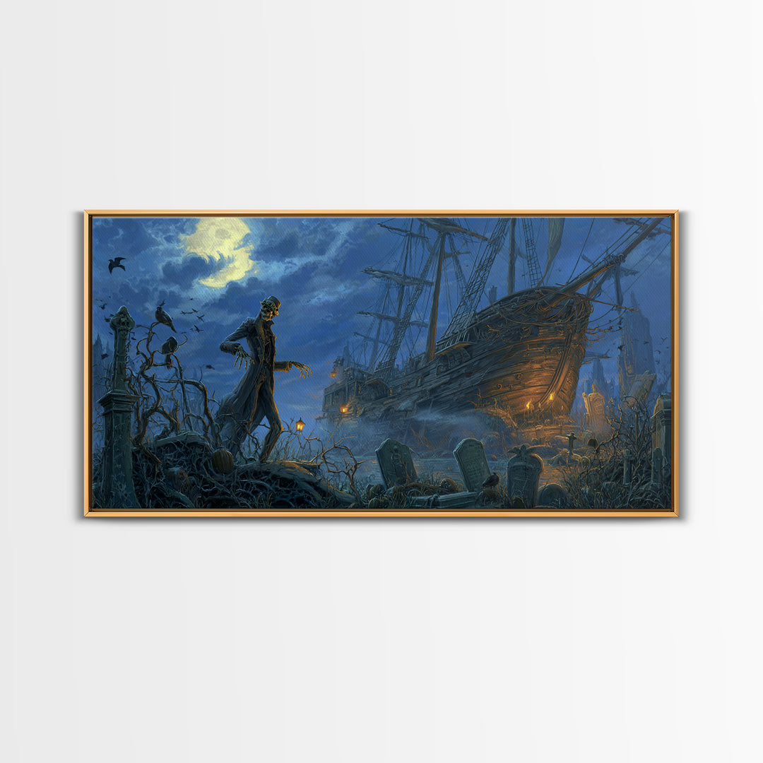 The Shipwreck Cove, Wide Panoramic Art, Gothic Horror Wall Art, Framed Canvas Print, Halloween Wall Decor, Gothic Home Decor