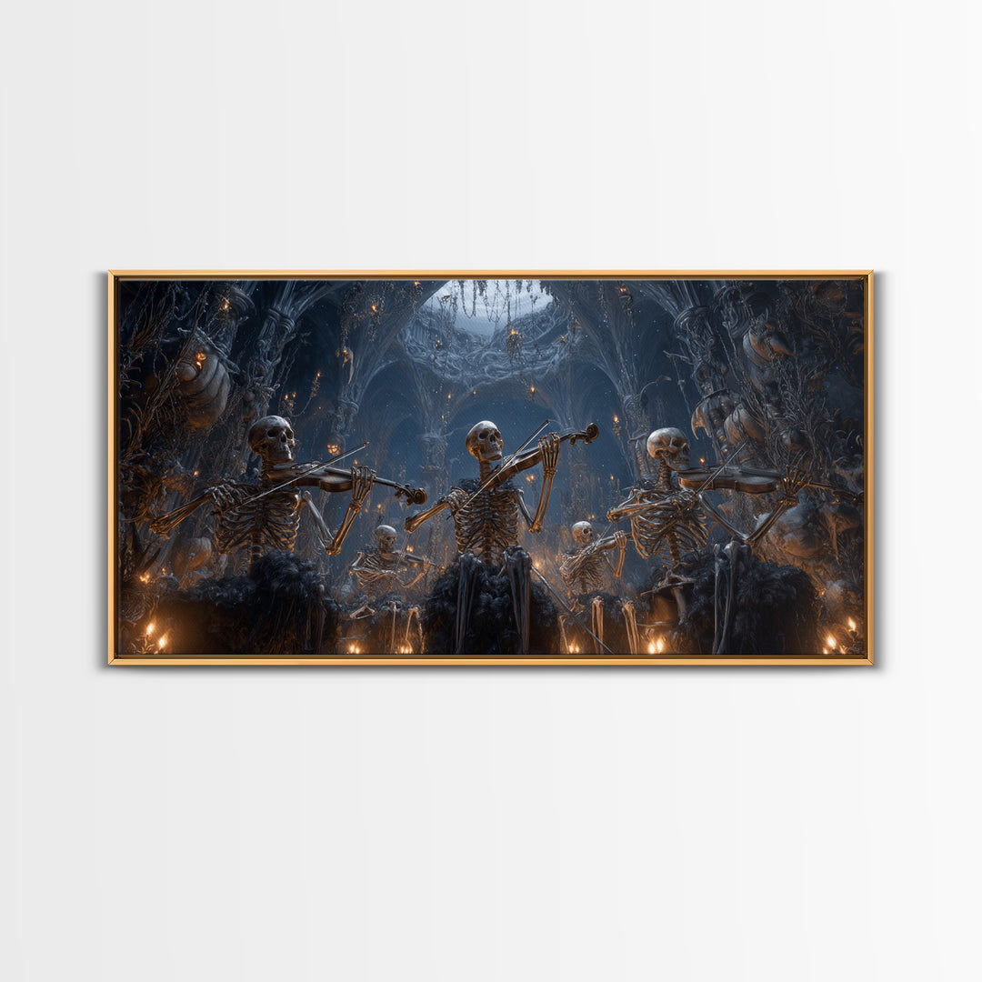 The Skeleton Orchestra, Wide Panoramic Art, Macabre Wall Art, Framed Canvas Print, Halloween Wall Decor, Gothic Home Decor