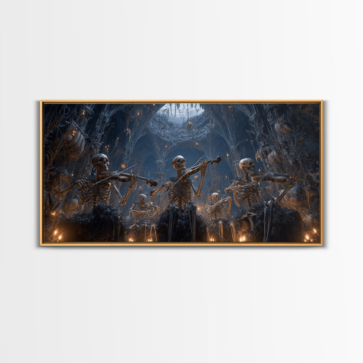 The Skeleton Orchestra, Wide Panoramic Art, Macabre Wall Art, Framed Canvas Print, Halloween Wall Decor, Gothic Home Decor