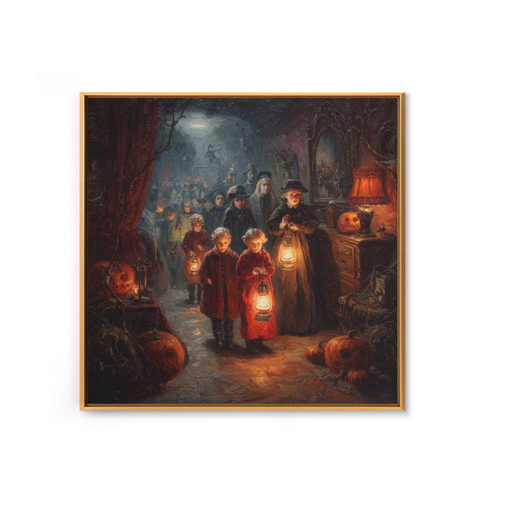 The Trick-Or-Treat Procession, Square Wall Art, Haunted Gothic Art, Framed Canvas Print, Halloween Wall Decor, Gothic Home Decor