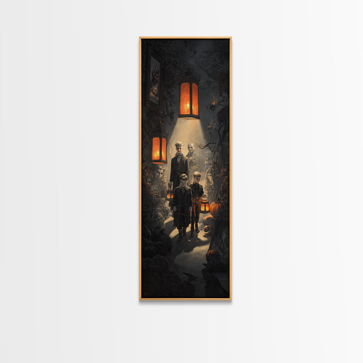 The Trick-Or-Treat Procession, Tall Narrow Wall Art, Spooky Home Decor, Canvas Print, Halloween Wall Decor, Gothic Home Decor