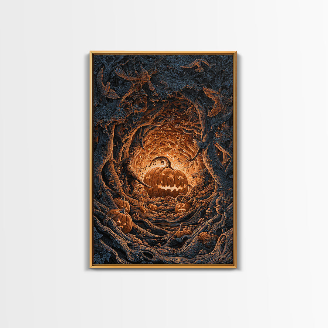The Pumpkin-Carving Ritual, Vertical Wall Art, Haunted Gothic Art, Framed Canvas Print, Halloween Wall Decor, Gothic Home Decor